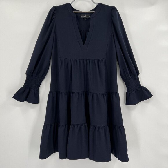 Pomander Place by Tuckernuck Navy Blue Crepe Kenzo Mini Dress sz S Tiered NWT - Picture 1 of 5